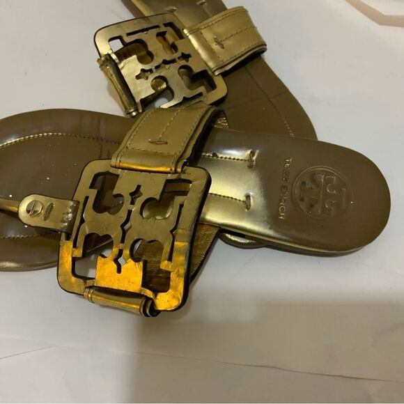 Tory Burch Miller Logo Patent Leather Sandals Vintage Gold  Size 7 - Picture 4 of 8